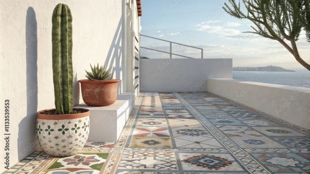 Poster A picturesque outdoor patio featuring colorful tiles a solitary cactus in a stylish pot and a serene atmosphere enhanced by the soft interplay of light and shadows.