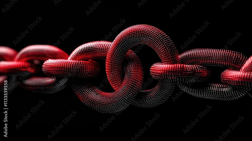 Poster exploring the interconnectedness of red chains digital art abstract design dark background close-up 