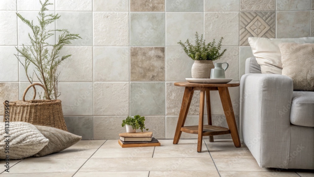 Poster A modern living area characterized by sleek square tiles in muted tones a simplistic wooden stool and carefully arranged small plants that introduce a hint of nature.