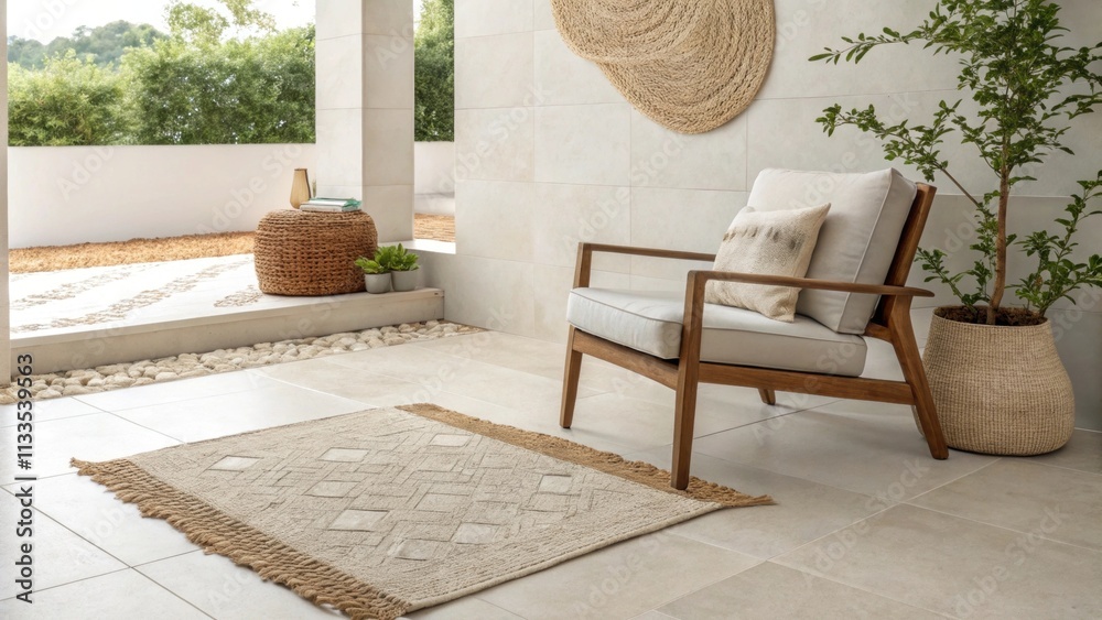 Poster a serene patio scene features pristine tiles and a lone chair with comfortable cushions alongside a 