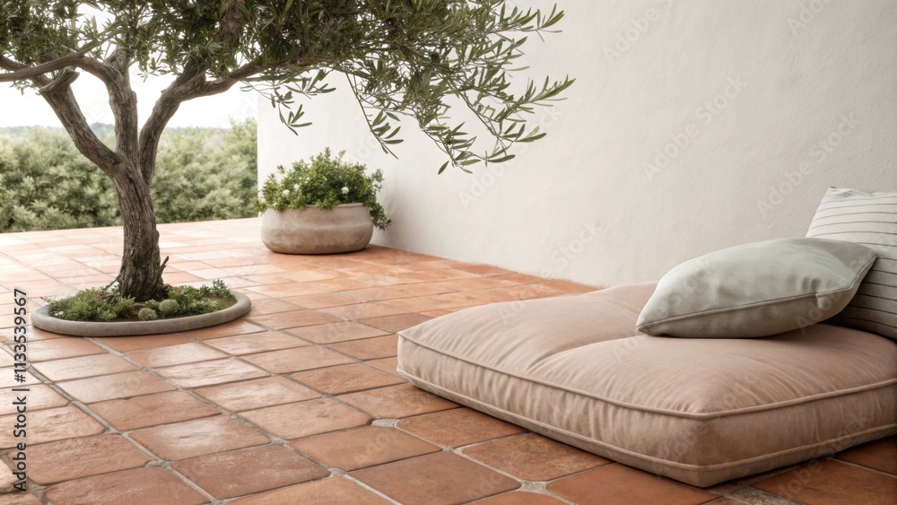 Poster A tranquil patio setting featuring smooth terracotta tiles a plush neutral cushion and the gentle presence of an olive tree enhancing the charm of the area.