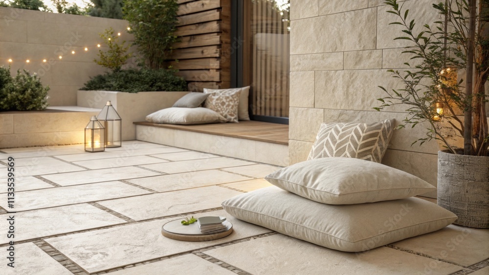 Poster this stylish patio presents a harmonious blend of clean sandy tiles and elegantly simple cushions wi