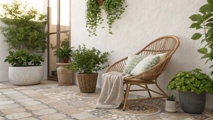A picturesque outdoor space showcasing a rustic tiled surface a single cozy rattan chair and vibrant green foliage d gently from pots enhancing the serene atmosphere.