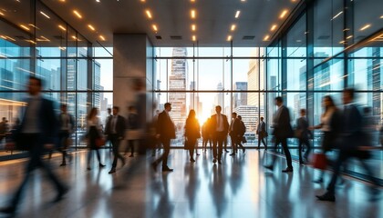 Dynamic shot of business people walking in motion inside a building with a city skyline in the background, symbolizing corporate life and urban modernity.

