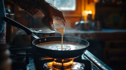 A warm kitchen scene where a hand carefully pours cream into a sizzling pan on a stove. The glowing stove flame and cozy lighting capture the essence of home cooking.. AI Generation