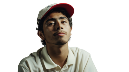 Delivery courier mexican young man, shipping box and smile in portrait on white background