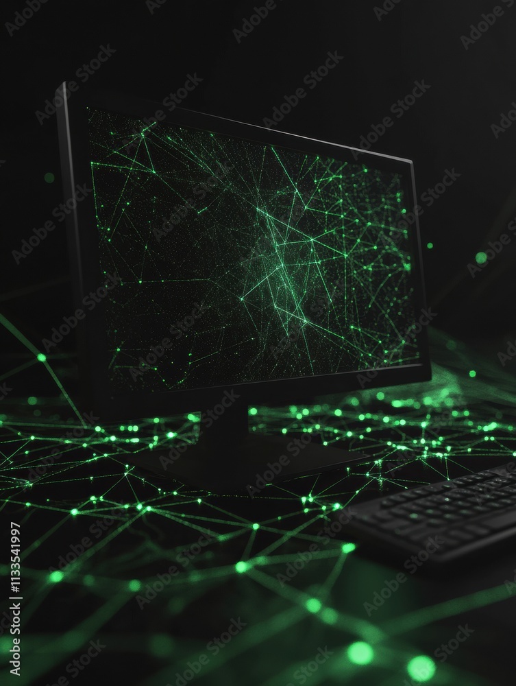 Aufkleber a glowing green network grid surrounds a monitor icon, illustrating the theme of digital support and
