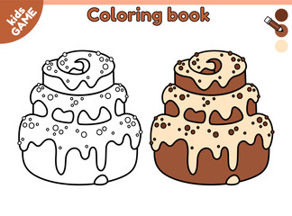 Kids coloring page. Cartoon cinnamon bun. Holiday Christmas dessert. Color the contour festive baking. New Year activities book for preschool, school children. Baby vector outline illustration.