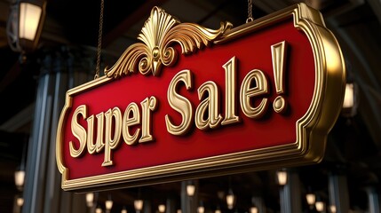 Super sale event in a shopping venue promotional signage displaying discounts in a festive setting