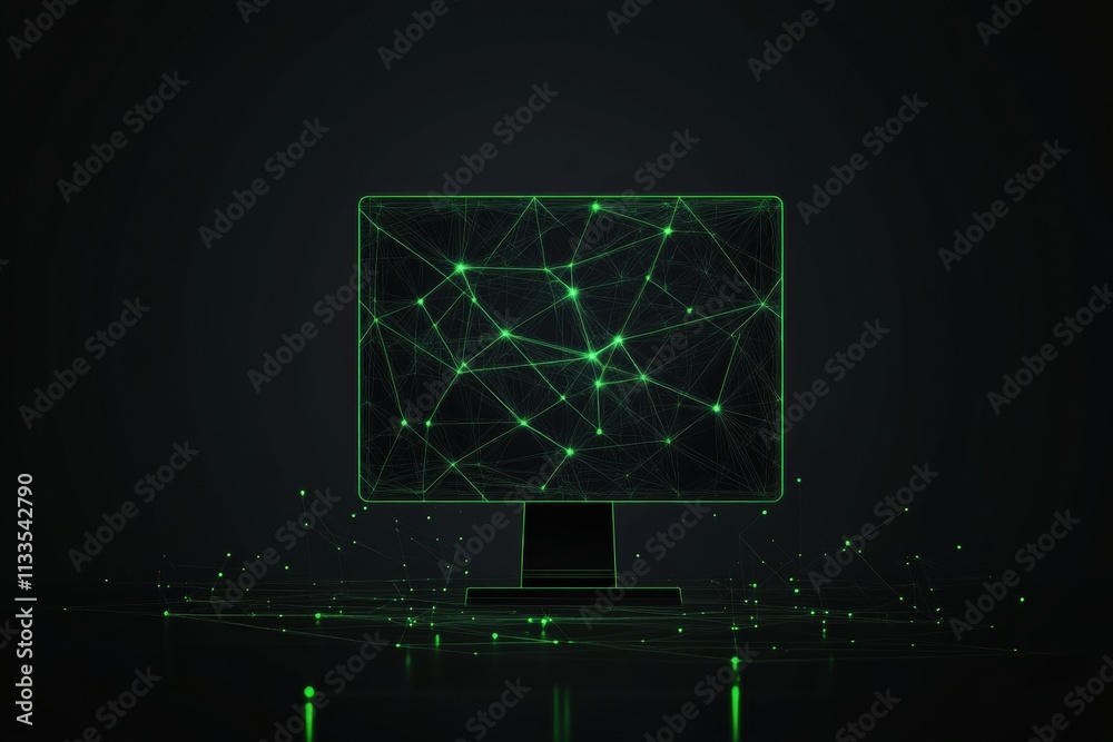 Fototapete A glowing green network grid and monitor icon illustrate the concepts of digital support and connectivity in a sleek, modern design. Generative AI