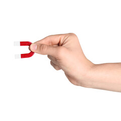 Man with horseshoe magnet on white background, closeup