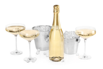 Champagne and buckets with ice isolated on white