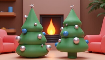 3D render of a Christmas tree icon adorned with silver and blue decorations, placed in a cozy living room with a fireplace, warm glow illuminating the scene create with ai