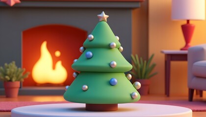 Fototapeta premium a 3D render of a Christmas tree icon adorned with silver and blue decorations, placed in a cozy living room with a fireplace, warm glow illuminating the scene create with ai