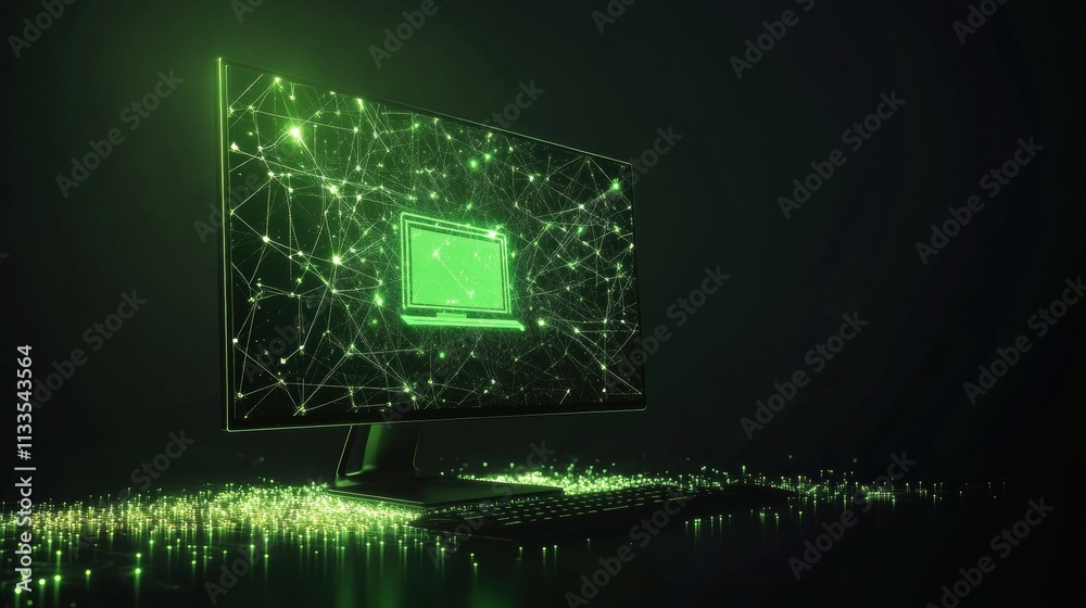 Poster A glowing network grid in green surrounds a computer icon, representing digital connectivity and support in a virtual space. Generative AI