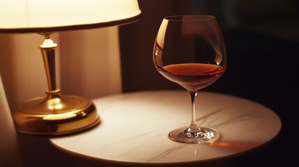 Close-up of a refined Armagnac in a classic balloon snifter, warm chestnut tones, elegantly displayed on a minimalist white marble platter, highlighting the spirit's clarity.
