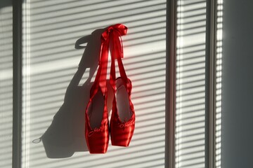 Pair of beautiful red pointe shoes hanging on white wall