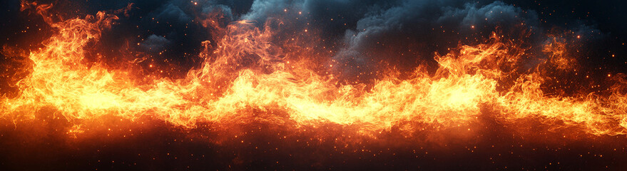 Fototapeta premium Fiery inferno ablaze against a dark, smoky sky. A dramatic display of intense orange and yellow flames.