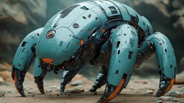 Futuristic robotic spider, teal and black, rocky terrain.