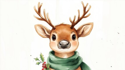 Cheerful fawn reindeer with antlers wears festive green scarf. Holiday season spirit shown with holly, berries. Cute animal illustration perfect for Christmas cards children books. Cozy winter scene.