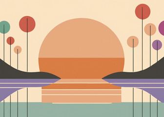 Cityscape with modern minimalist skyline and natural sunset in warm and vibrant colors.