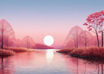 Cityscape with modern minimalist skyline and natural sunset in warm and vibrant colors.