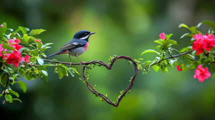 Obraz premium bird singing sweetly perched on heart shaped branch surrounded by flowers