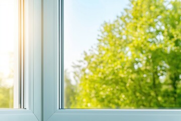New white PVC window installed in modern house. Blurred view of green trees and blue sky. Insulated glazing with uPVC frame. Modern home improvement. Exterior view.