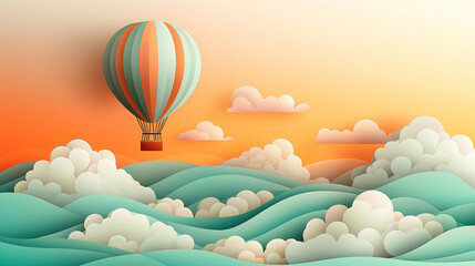 Obraz premium Paper cut hot air balloon flying over paper ocean at sunset