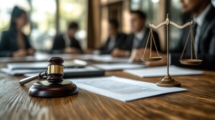 Lawyers, officials gather around table for discussion. Documents related to legal cases spread out. Gavel, scales of justice symbolize importance of decisions. Serious deliberation happens in