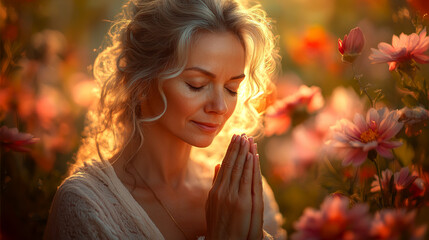Fototapeta premium Woman with closed eyes and hands in prayer among pink flowers, bathed in warm sunlight. Concept of peace and serenity. For meditation content