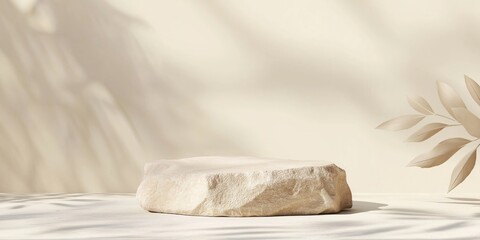 Beige rock podium displays product on fuzzy background with natural light, shadows. Natural beige rock provides simple display solution for goods. Gentle light creates soft aesthetic. Dried leaves, - obrazy, fototapety, plakaty