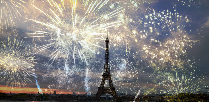 fireworks over Eiffel tower  New Year in Paris - Powered by Adobe