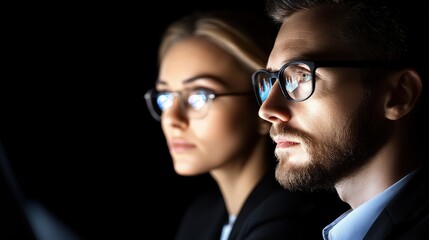 Close-up of a man and woman, wearing glasses, looking intently at something in the dark.