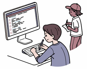 Man programmer working on computer with code on screen illustration. Programmer working writing code. Boy cartoon on computer isolated on white background. Illustration