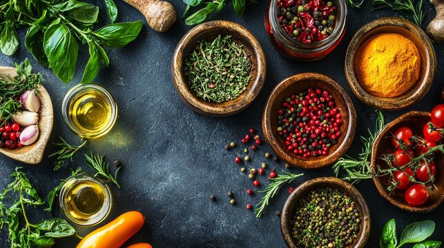 Selection of fresh herbs and spices with vibrant vegetables