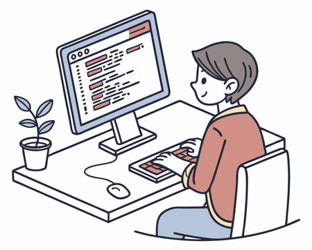 Homme programmeur travaillant sur un ordinateur avec du code sur l'illustration &agrave; l'&eacute;cran. Programmeur travaillant &agrave; &eacute;crire du code. Dessin de gar&ccedil;on sur ordinateur isol&eacute; sur fond blanc. Illustration 