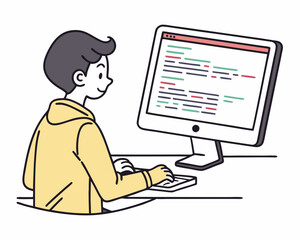 Homme programmeur travaillant sur un ordinateur avec du code sur l'illustration &agrave; l'&eacute;cran. Programmeur travaillant &agrave; &eacute;crire du code. Dessin de gar&ccedil;on sur ordinateur isol&eacute; sur fond blanc. Illustration 