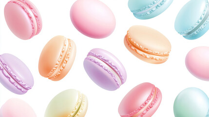 A whimsical array of pastel macarons floating against a white backdrop, showcasing their delicate textures and vibrant colors for a delightful visual treat.