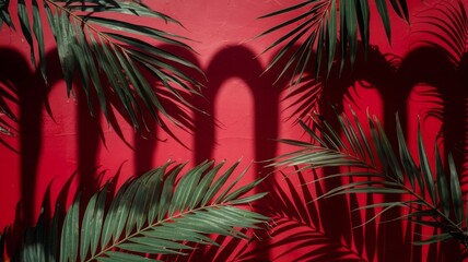 Naklejka premium A vibrant red background with green tropical palm leaf shadows, casting elongated arches on the wall.