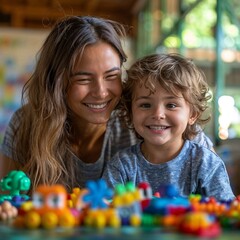 Speech therapist and child with down syndrome smiling and playing with toys in kindergarten