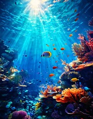 A colorful underwater scene featuring vibrant coral reefs and various tropical fish swimming through the ocean depths, illuminated by beams of sunlight breaking through the water's surface.. AI