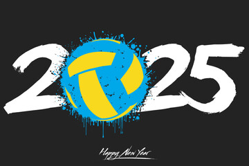 Numbers 2025 and a abstract volleyball ball made of blots in grunge style. Design text logo Happy New Year 2025. Template for greeting card, banner, poster. Vector illustration on isolated background