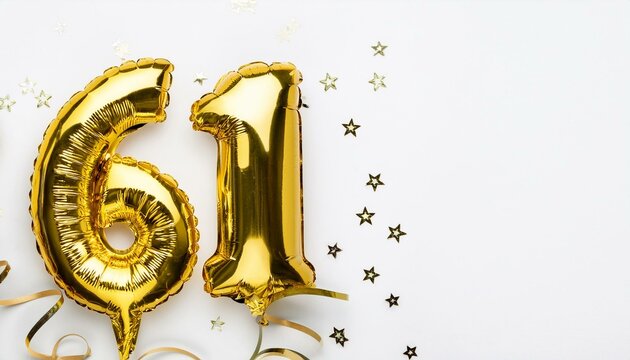 Number 61 golden balloons on white background with copy space. Generated image