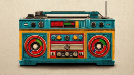 Vibrant retro boombox art urban setting digital illustration colorful design eye-level view nostalgia concept