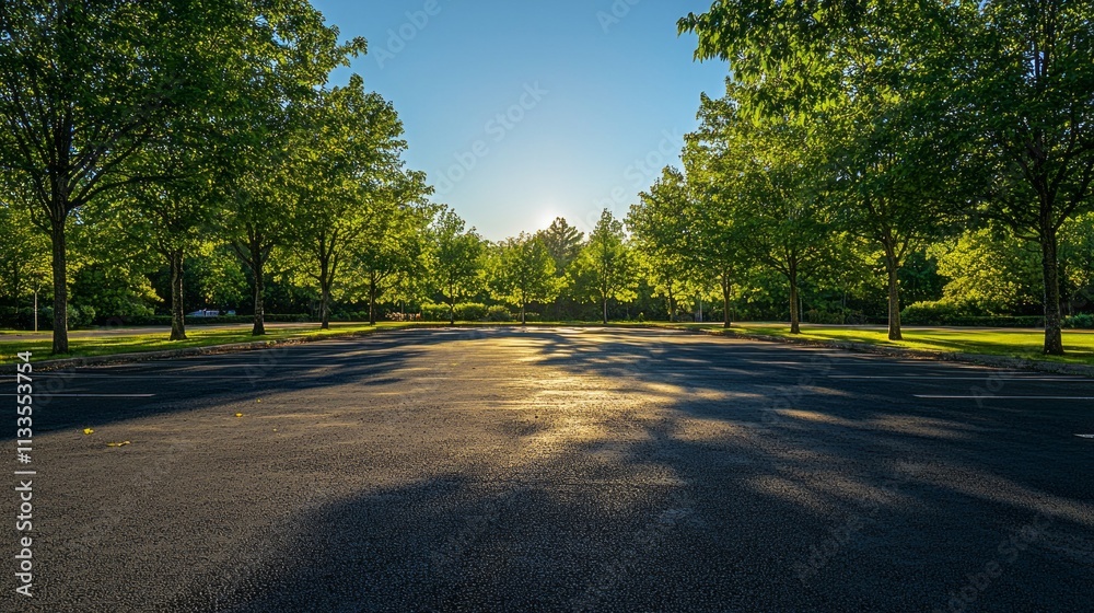 Poster warm sunlight brightens a calm setting where a spacious parking lot lies empty, embraced by lush, gr