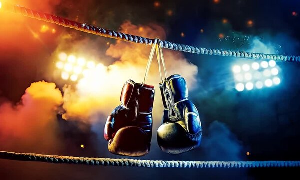 Boxing gloves on the ring ropes. Photo for a bookmaker website or application in high quality.