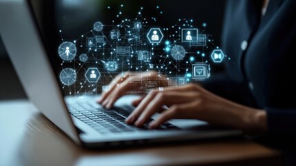 Person types on laptop. Digital online recruitment process visualized. HR tech recruitment. Employee scouting for team building. Headhunting for suitable candidate. Modern HR tech tools. Digital