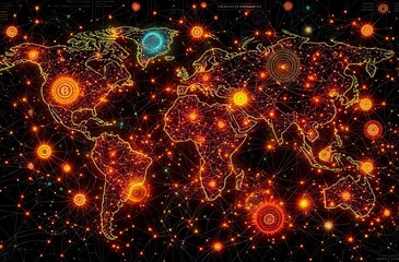Glowing World Map with Cryptocurrency Transactions | Art Nouveau Style