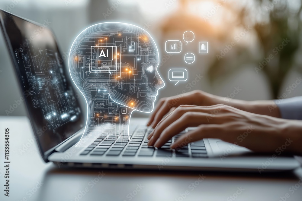 Fototapete person uses laptop interacting with ai virtual assistant. ai head graphic overlay laptop keyboard. c